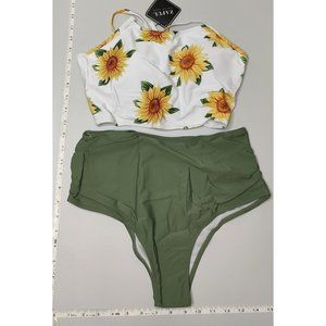 NWT ZAFUL Medium Tankini High Waist Sunflower print Green bikini set